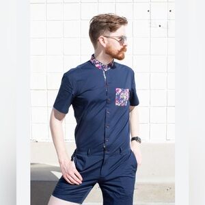 Romperjack navy floral cotton men’s romper shortall shorts m medium one piece